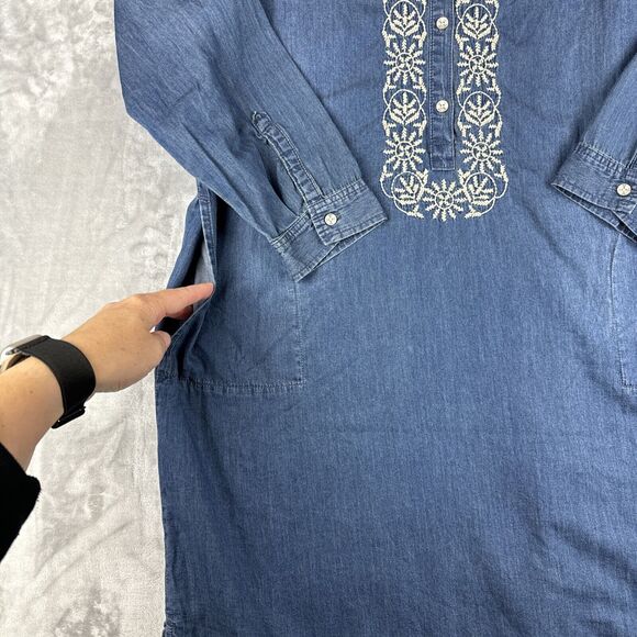 J.Jill‎ Denim Chambray Tunic Dress Women's Large Embroidered with Pockets (0918) - Picture 4 of 13